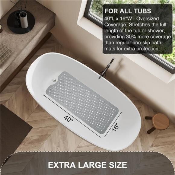 Non Slip Bath Mat Large Bathtub Shower Mat Suction Cups Drain Holes Gray PVC - Picture 5 of 7
